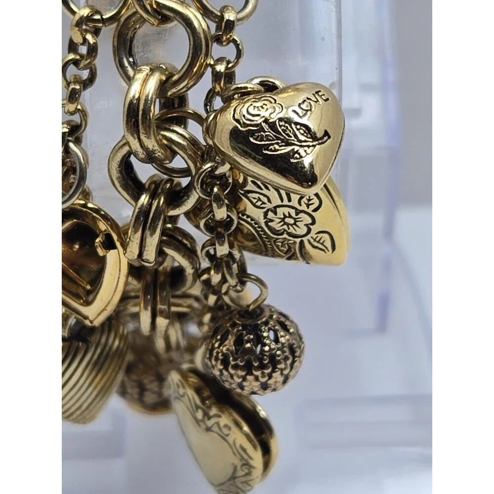Womens Vintage Gold Tone Hearts Lockets Charms Bracelet Quartz Watch New Battery